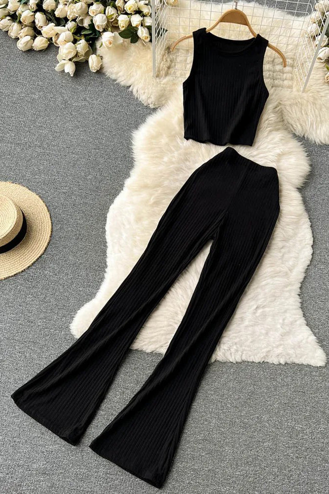 Women Two Piece Set Chic Sleeveless Crop Tops and Long Flare Pants Female Suits