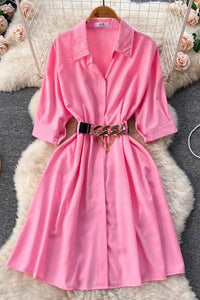 Elegant Women Dress Vintage Turn-down Collar Casual A-line Shirt Dress