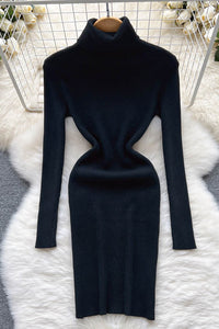 Turtleneck Knitted Dress Long Sleeves Slim Elastic Warm Dress