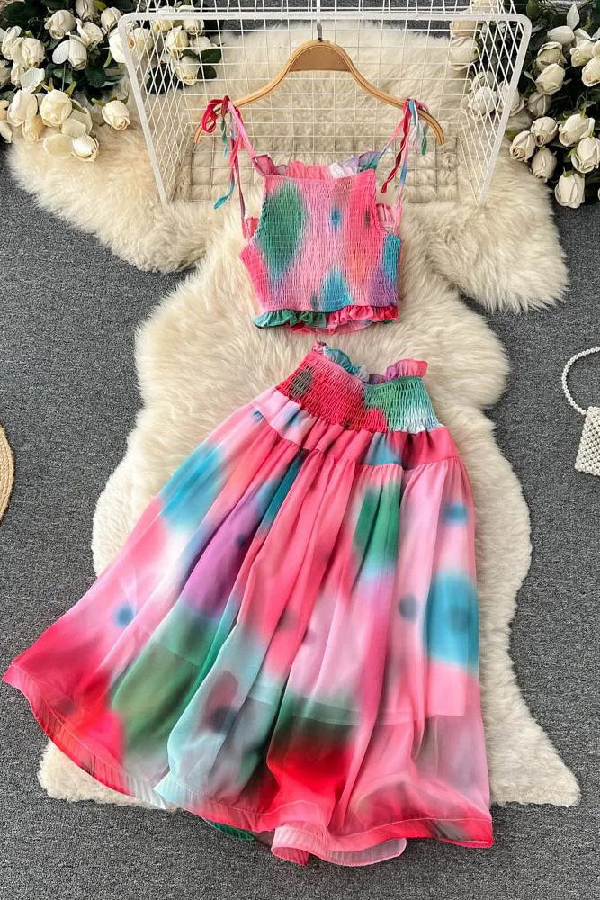 Women Dress Set Fashion Tie Dye Print Short Strap Cami Tops + High Waist Skirts Beach Two Piece Suits