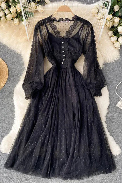 Romantic Women Lace Two Piece Party Dress Elegant V-neck Long Sleeve Dress