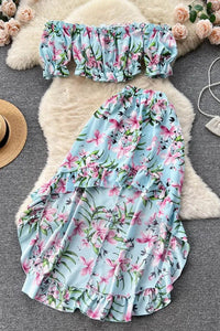Fashion Women Dress Sets Off Shoulders Floral Print Crop Tops High Waist Ruffled Skirts Suits