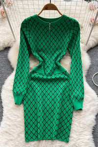 Fashion Geometric Knitted Vestidos Women Casual Zipper O-neck Short Dress