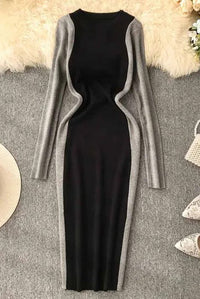 Women Contrast Color Bodycon Dress Fashion Knitted Knee Length Dress