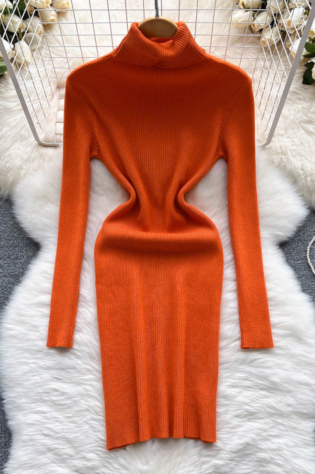 Turtleneck Knitted Dress Long Sleeves Slim Elastic Warm Dress