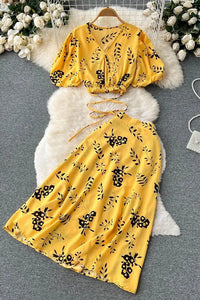 Women Dress Set Floral Print Bandage Crop Tops + A-line Knee-length Skirts Two Piece Suits