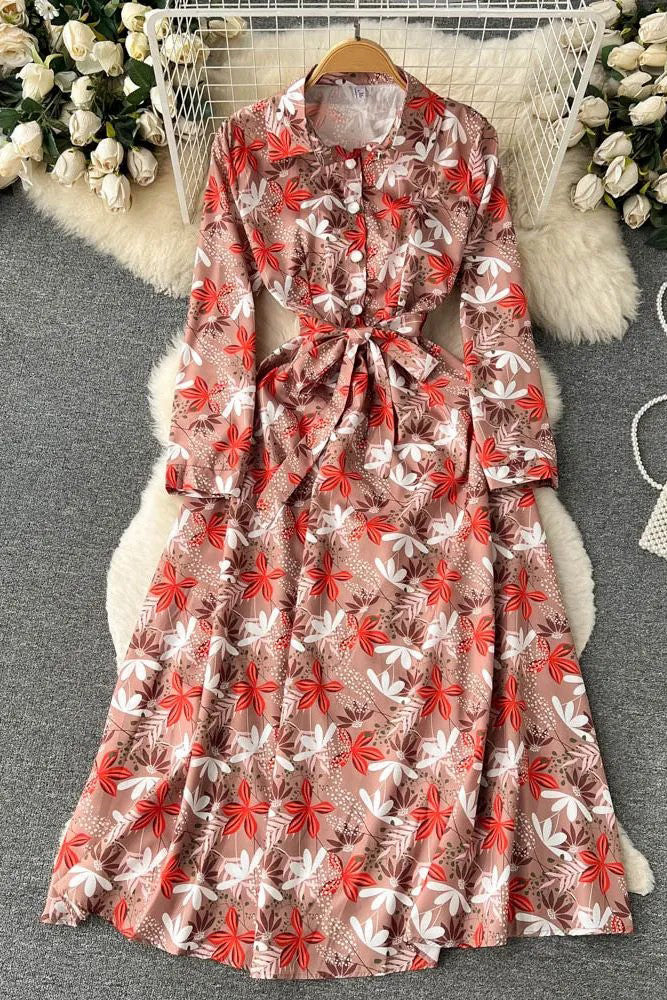Fashion Colorful Floral Print Full Sleeve Shirt Dress Casual All Match Long Dress