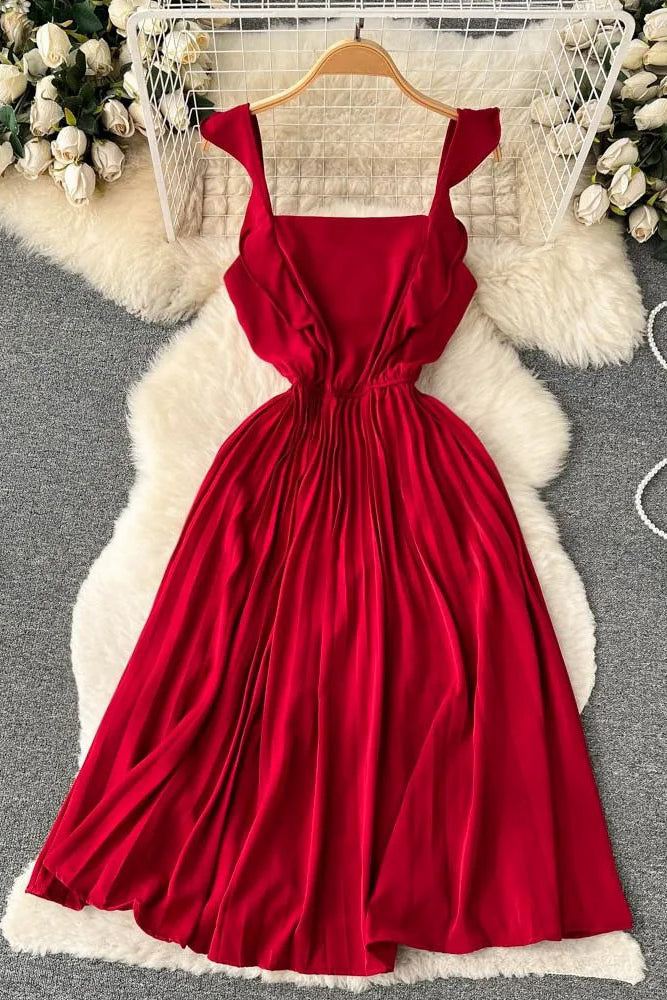 Women Fashion Ruffled Straps High Waist Long Dress Fashion Red Pleated Party Dress