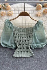 Knitted Spliced Short Blouse Square Collar Ruff Sleeve SheachTop Ladies Elastic Waist Top