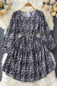 Elegant Lantern Sleeve Print Floral Casual A-line Women Dress With Belt