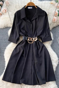 Elegant Women Dress Vintage Turn-down Collar Casual A-line Shirt Dress