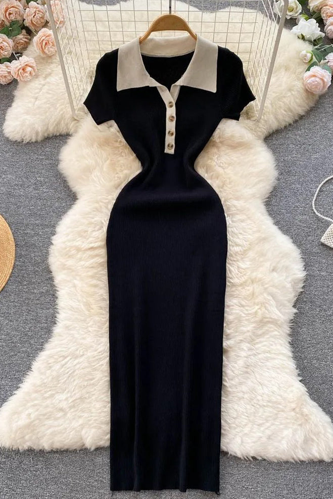 Women Dress Short Sleeve Slim Knitted Sweater Dress Casual Polo Buttons Long Dress