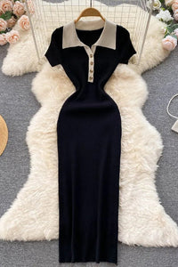 Women Dress Short Sleeve Slim Knitted Sweater Dress Casual Polo Buttons Long Dress