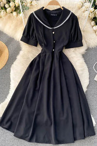 Elegant Women V-neck Buttons Midi Dress Short Sleeve Female Party Dress