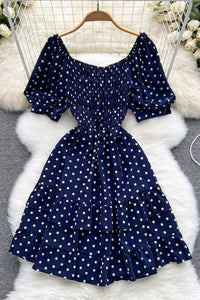 Elegant Cascading Ruffles Dress Women Vintage Puff Sleeve Print Polka Dot Short Party Dress