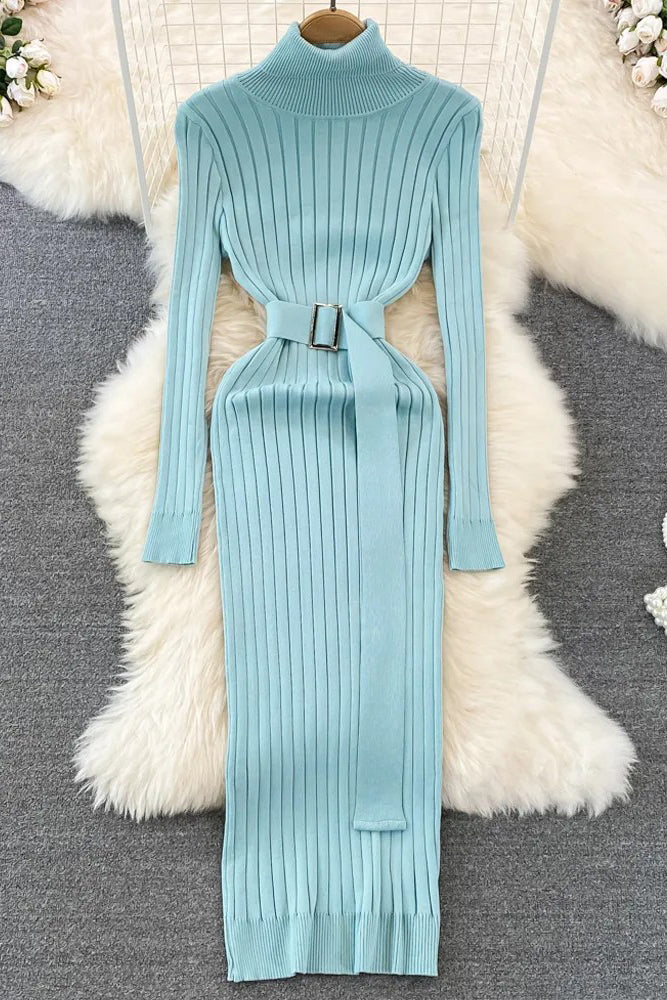 Fashion Long High Split Knit Dress Ladies Elegant Sweater Dress