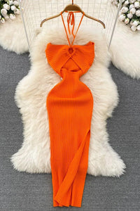 Women Dress Knitted Strapless Wrap Hips High Split Bodycon Dress