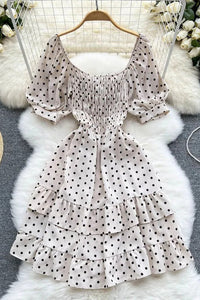 Elegant Cascading Ruffles Dress Women Vintage Puff Sleeve Print Polka Dot Short Party Dress