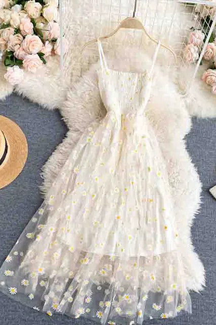 Fashion Daisy Flower Print Mesh Dress Two Layers Strap Vacation Midi Dress Beach Vestidos Dress