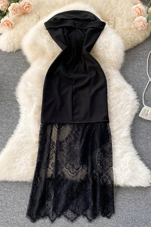 Elegant Sleeveless Ruffles Lace Patchwork Split Long Dress Women Fashion Party Dress