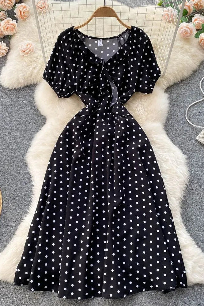 Women Print Polka Dot Dress Retro Puff Sleeve V-neck Elegant Dress