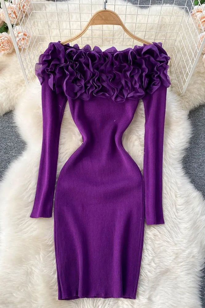 Romantic Women 3D Flowers Bodycon Party Dress Elegant Off Shoulders Long Sleeve Knitted Dress