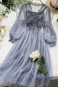 Fashion Gothic Party Lace Long Dress Women Romantic Polka Dot Mesh Dress Tunic Long Sleeve Dress