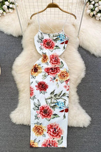 Fashion Women Flower Print Long Dress Strap Bodycon Party Dress Holiday Package Hips Beach Vestidos Dress