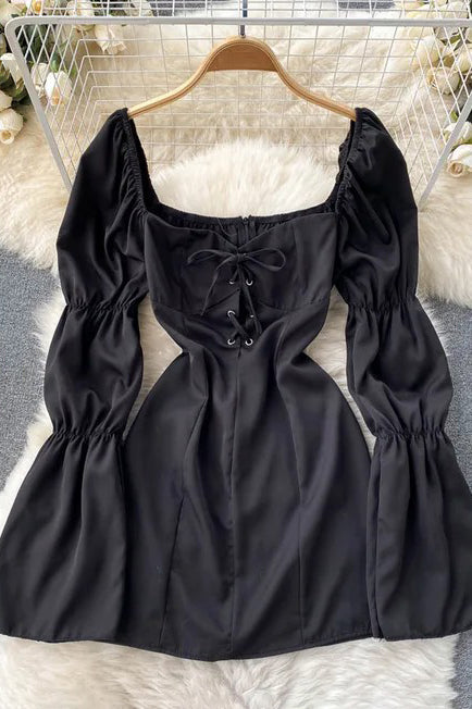 Bandage Mini Dress Women Long Puff Sleeve Elegant Gothic High Waist Party Dress