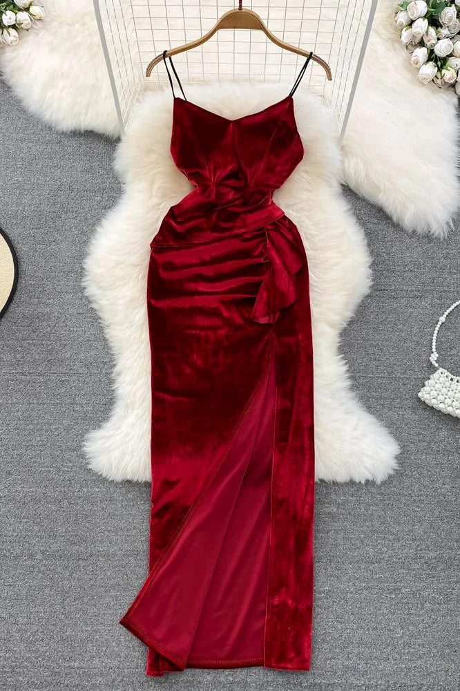 Elegant Velvet Long Dress Retro High Waist Ruffles Split Wrap Hips Bodycon Dress