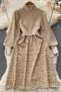 Women Dress Elegant Fake Two Piece Set Floral Print Knitted Patchwork Long Dress Vintage Dress