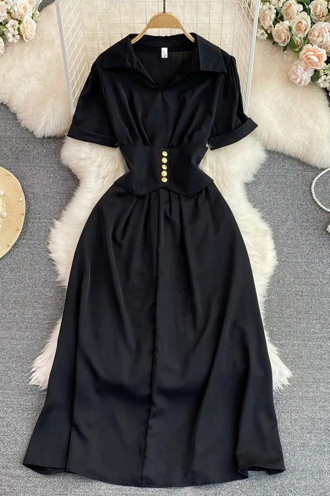 Women Elegant Buttons Slim Waist Long Dress Fashion Gothic Dress