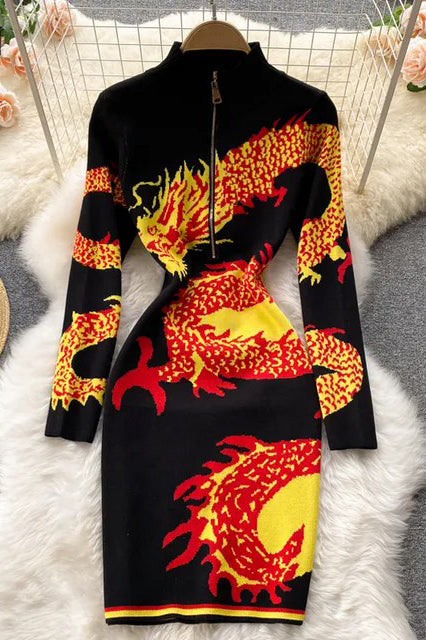 Women Dragon Pattern Long Sleeve Knitted Dress Harajuku Zipper Fly Collar Bodycon Dress