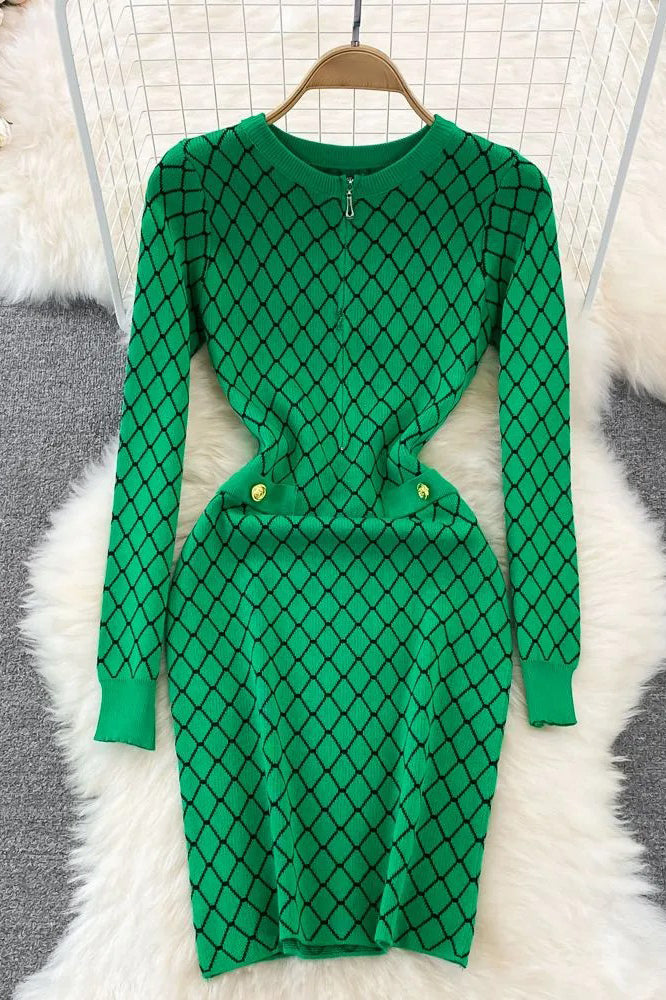 Women Elegant Geometric Knitted Sweater Dress Lady Wrap Hips Dress