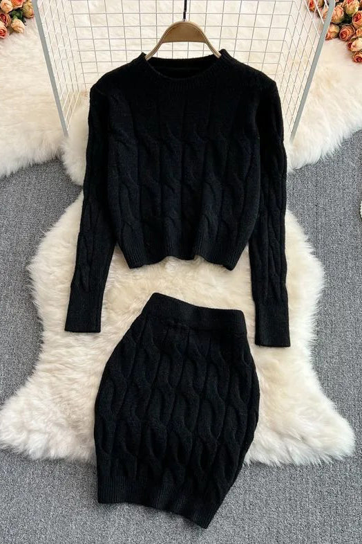 Women Dress Set Fashion Long Sleeve Knitted Tops + Slim Mini Skirts Two Piece Suits
