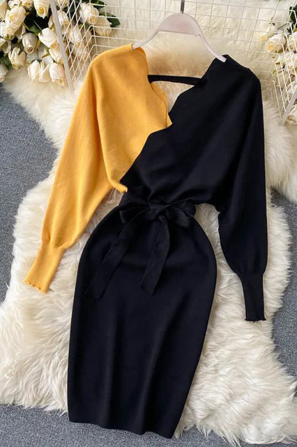 Elegant Sashes V Neck Knit Dress Women Backless Long Sleeve Sweater Dress