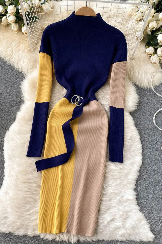 Women Dress Elegant Color Patchwork Knitted Sweater Dress With Belt