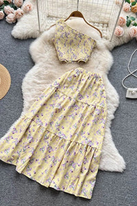Women Dress Set Fashion Floral Print Crop Tops + High Waist A-line Long Skirts Beach Ladies Two Piece Set