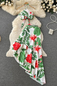 Women Dress Set Beach Fashion Floral Print Crop Tops + High Waist Asymmetrical Long Skirts Two Piece Suits