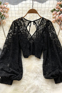 Backless Lace Shirt Hollow Out Transparent Short Blouse Women Elegant Crop Tops