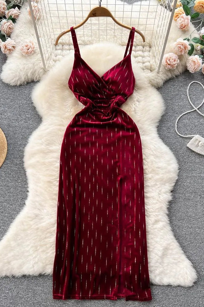 Fashion Women Long Dress Elegant V-neck High Waist Split Velvet Long Dress