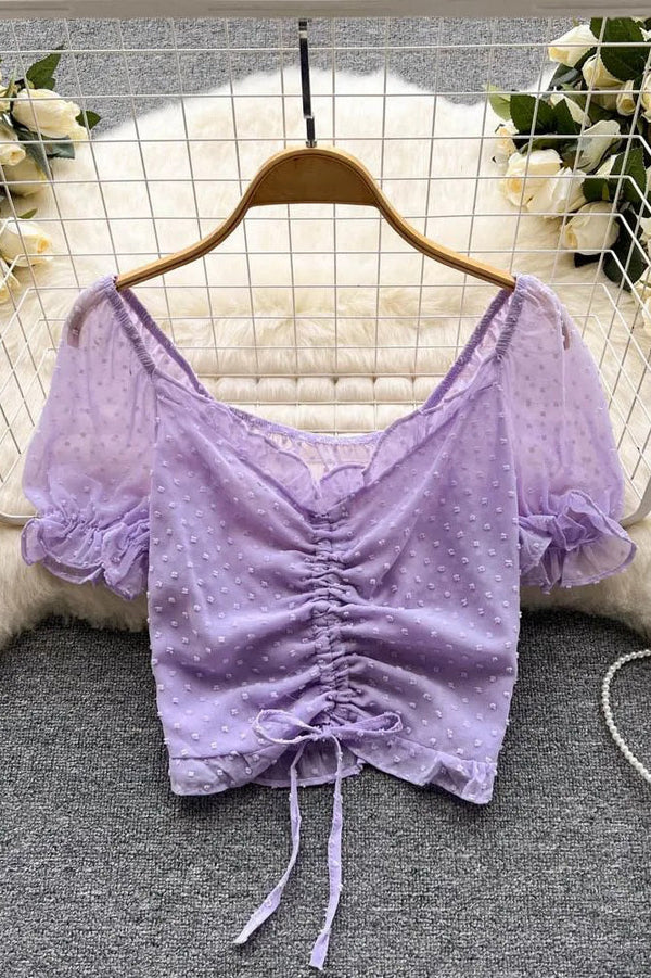 Fashion See Through Breathable Tops Drawstring Ruched Short Women Blouses