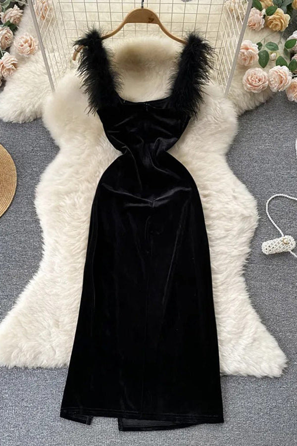 Elegant Women Dress Fashion Fur Patchwork Straps Velvet Bodycon Vestidos Lady Party Vestidos Dress