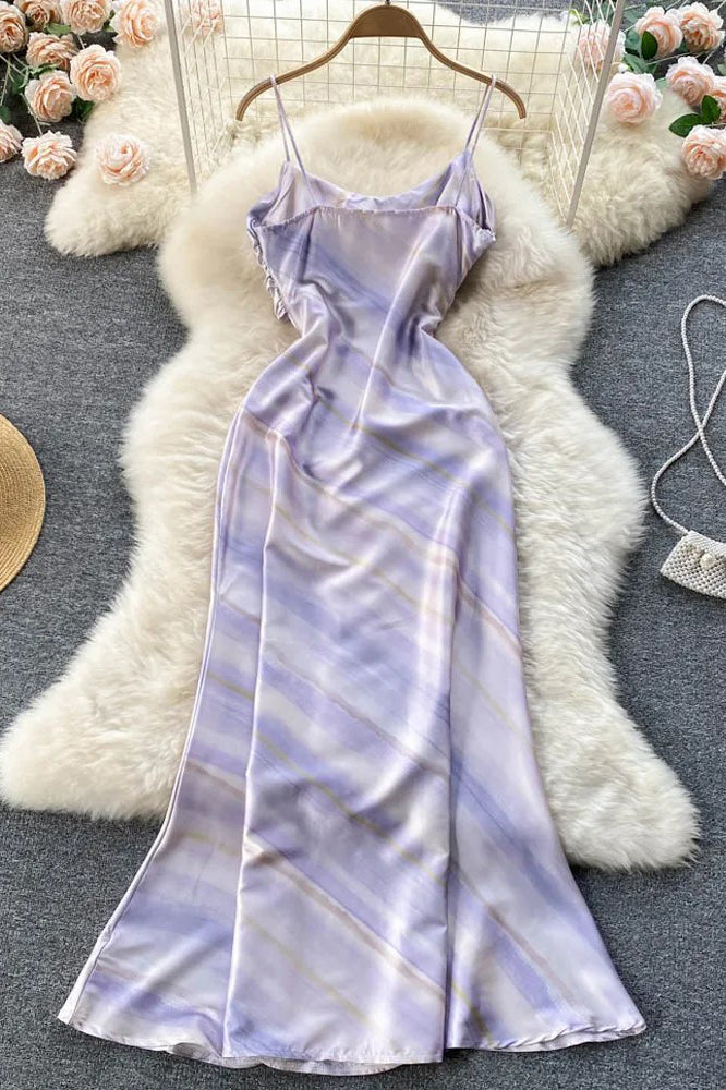 Romantic Tie Dye Long Party Dress Elegant Ruched High Waist Strap Women Dress