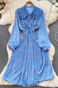 Romantic Women Floral Print Bow Neck Pleated Dress Long Sleeve Ruffled Shirt Dress