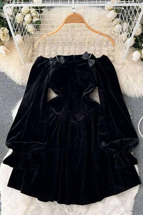 Fashion Women Short Dress Off Shoulders High Waist Puff Sleeve Gothic Dress