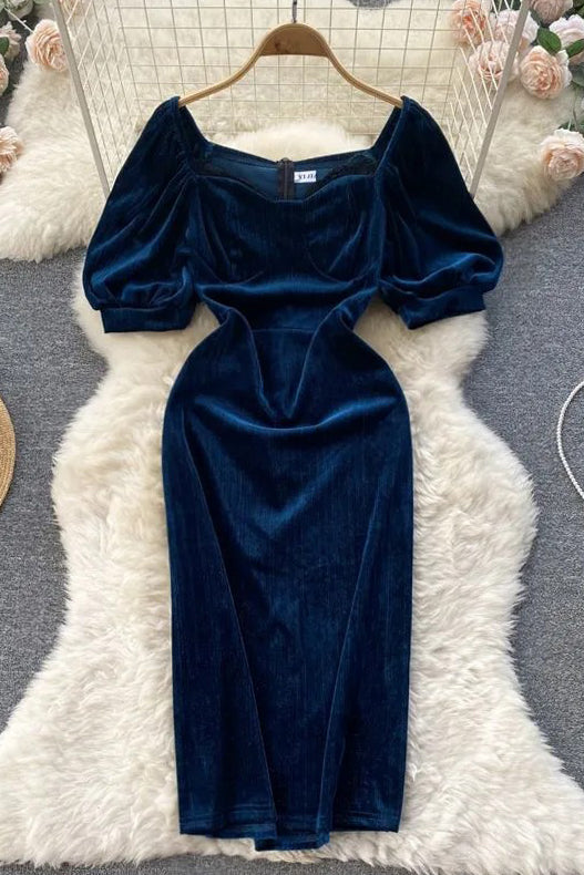 Elegant Puff Sleeve Velvet Party Dress Lady Slim High Waist Package Hips Dress