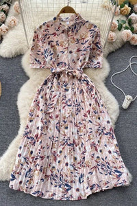 Elegant Dress Women Fashion Floral Print Pleated Long Dress