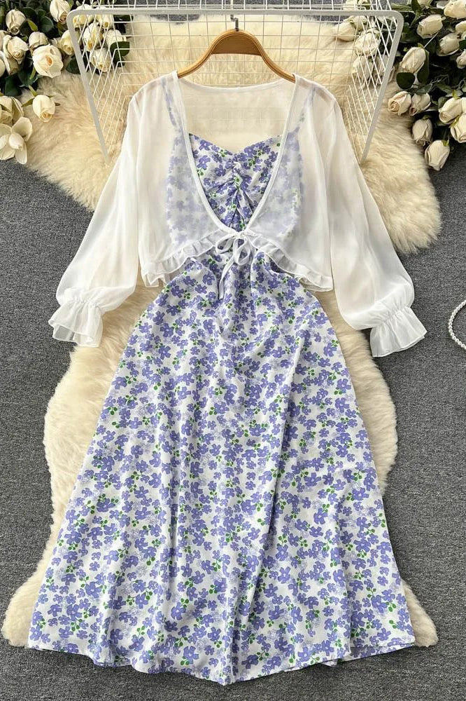 Women Dress Set Fashion Floral Print Strap Dress + Chiffon Shawl Vacat – TOP SHOW