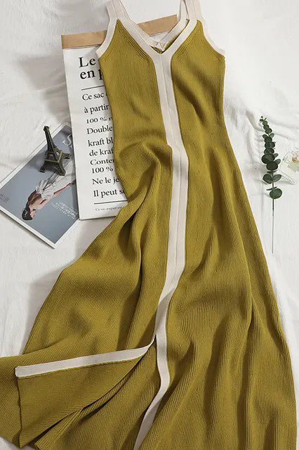 Knitted Split Long Dress Women V-neck Strap A-line Maxi Dress Casual Vestidos Dress